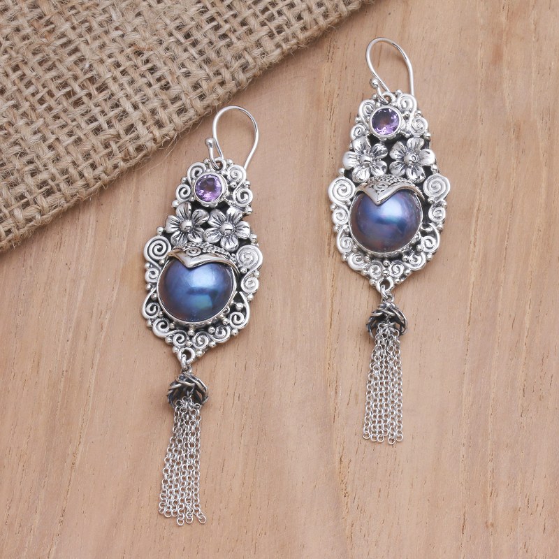 Amethyst and Cultured Pearl Dangle Earrings, "Winter Apple in Purple"