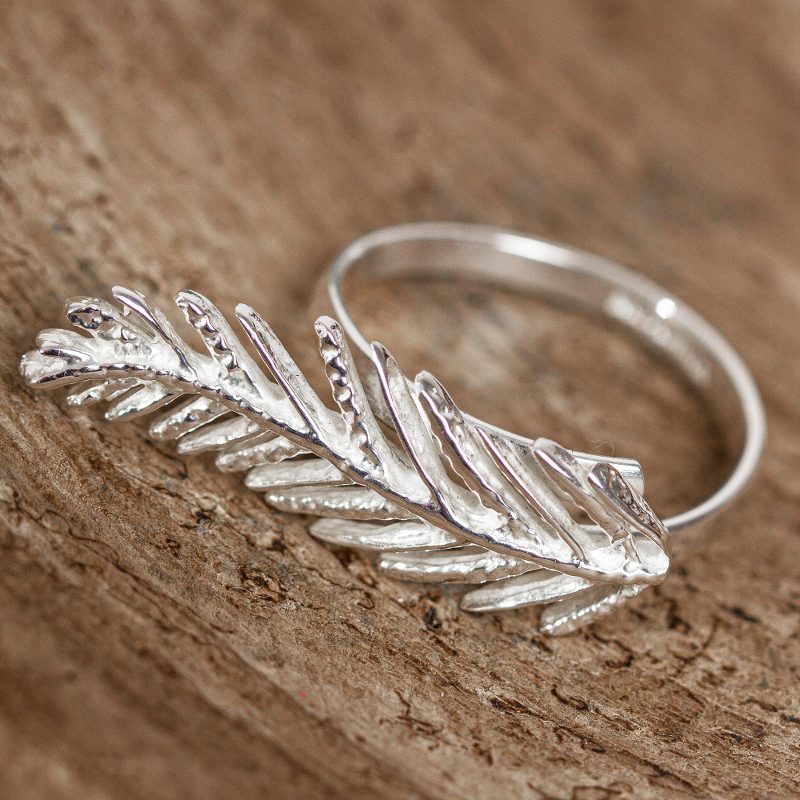 Sterling Silver Feather Front Cocktail Ring From Taxco, "Highlands Leaf"