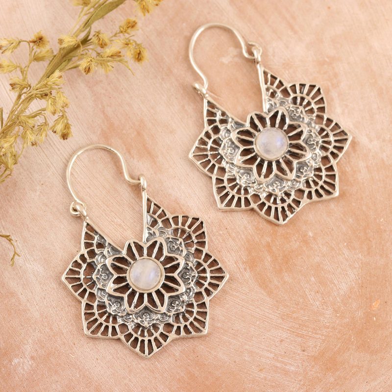 Sterling Silver and Rainbow Moonstone Hoop Earrings, "Floral Mist"
