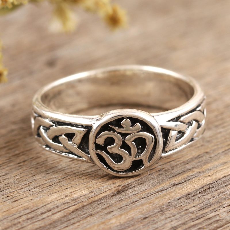 Sterling Silver Band Ring with Om Motif, "Entwined Universe"