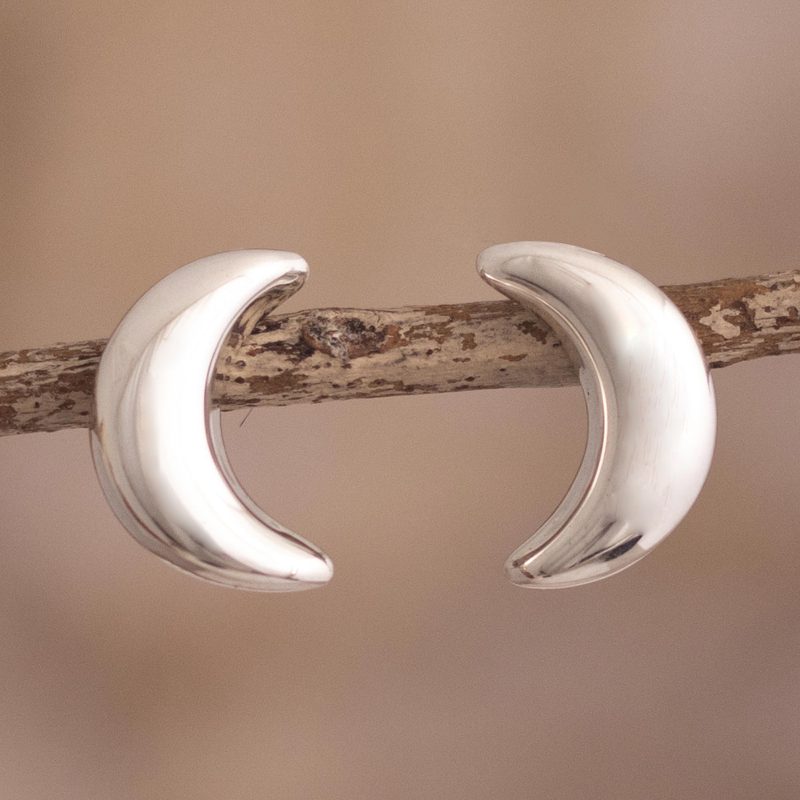Sterling Silver Button Earrings with Crescent Moon Motif, "Mirror Image Moons"