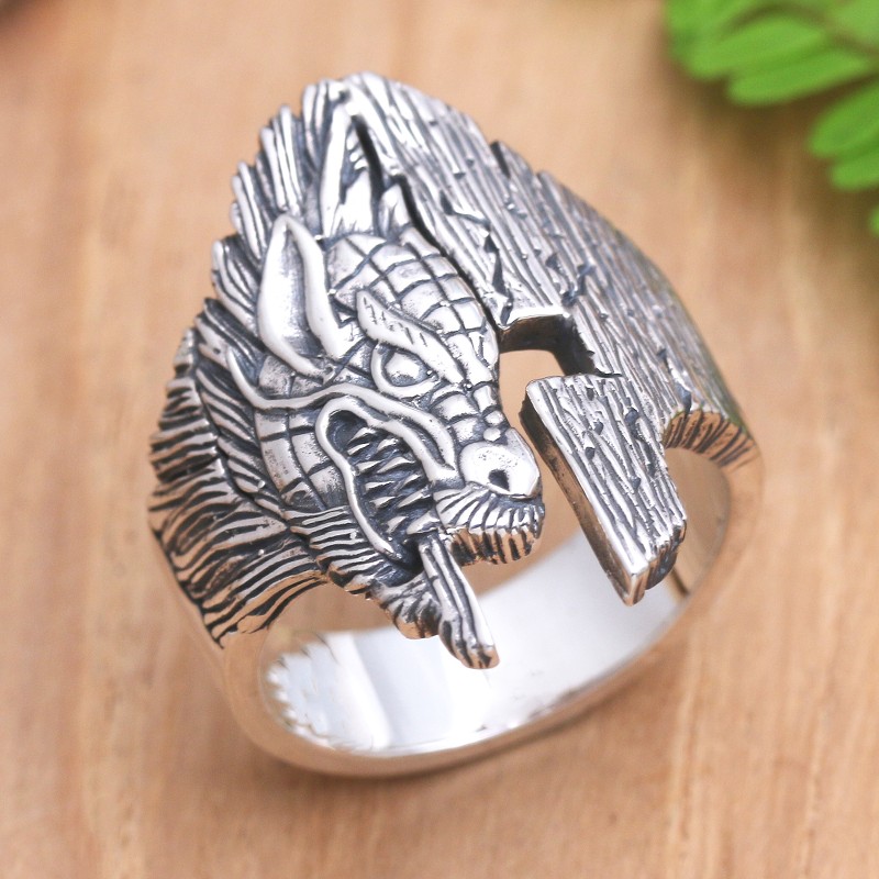 Men's Sterling Silver Ring with Wolf Motif, "Hungry Wolf"