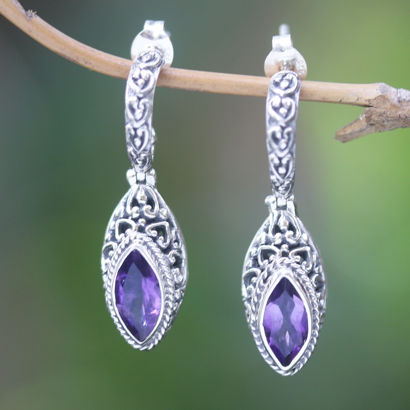 Oxidized Sterling Silver Earrings with Marquise Amethysts, "Purple Marquise"