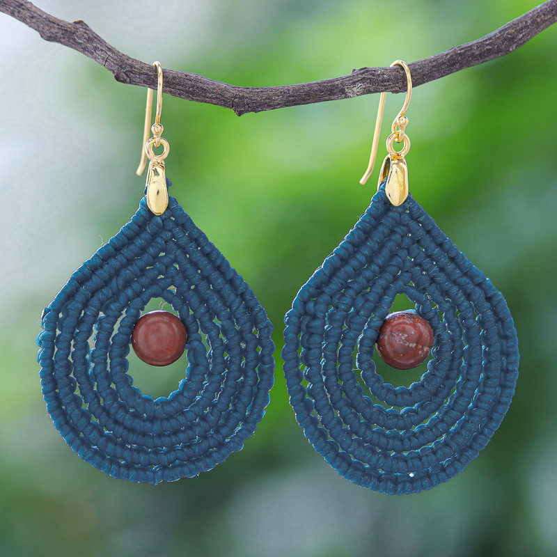 Jasper and Blue Macrame Dangle Earrings with Gold Hooks, "Water is Life"