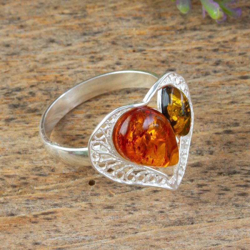 Sterling Silver Cocktail Ring with Heart Shape and Amber, "Heart Team"