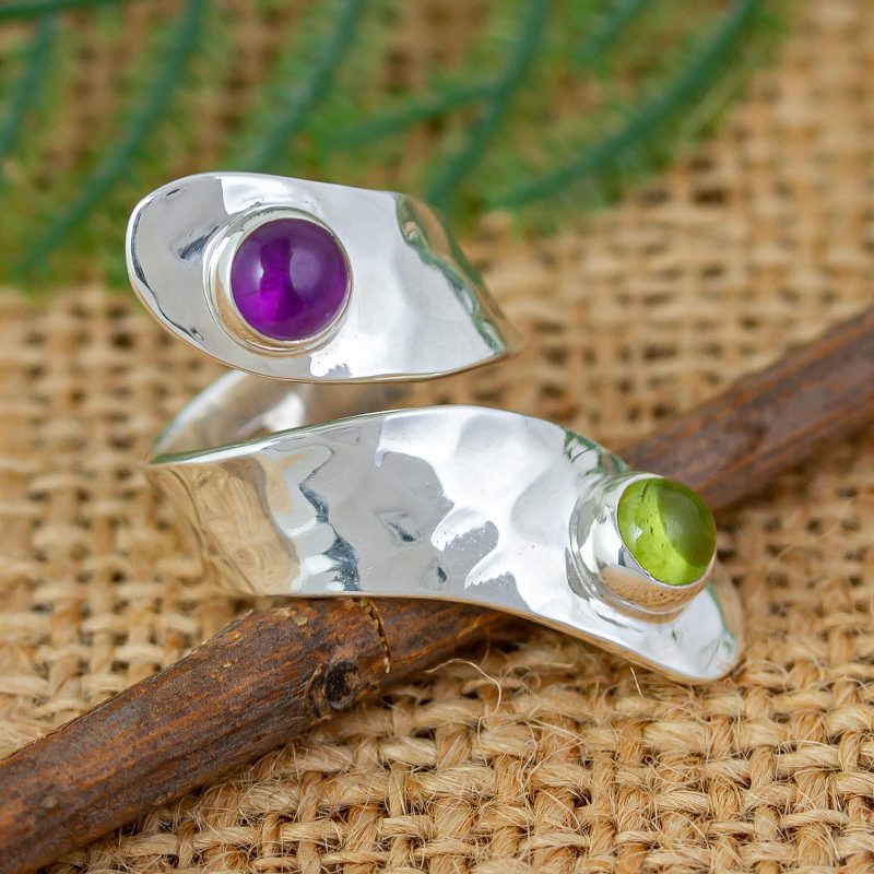 Amethyst and Peridot Taxco Sterling Silver Cocktail Ring, "Footpath"