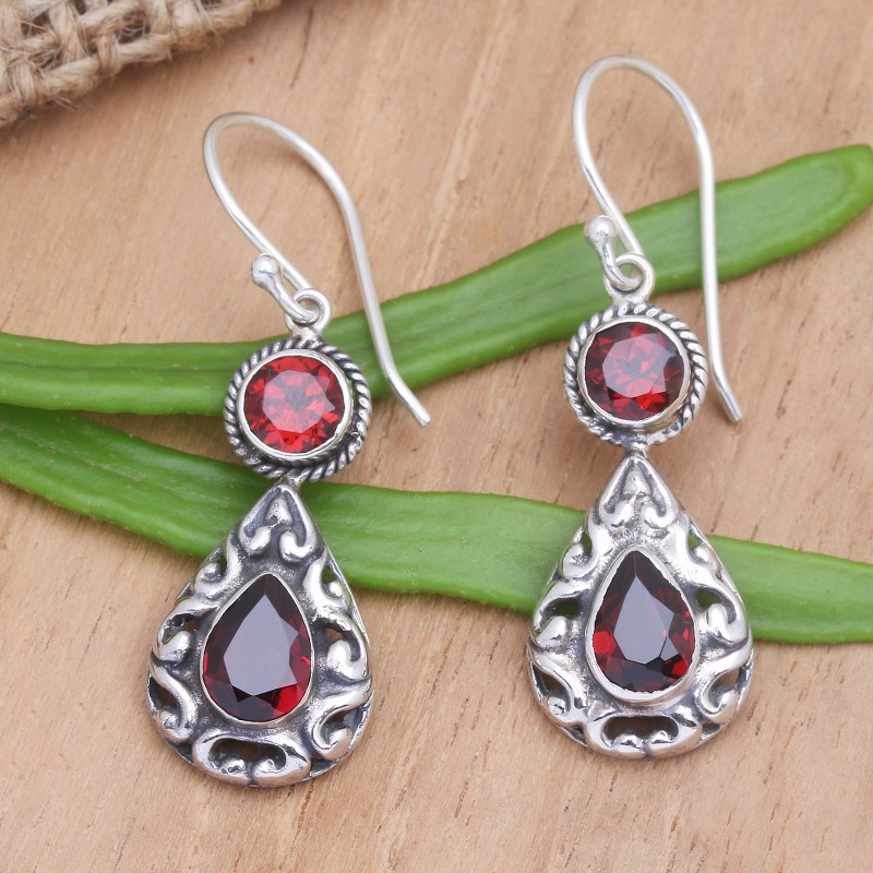 Handmade Balinese Garnet Dangle Earrings, "Palace Walls in Red"