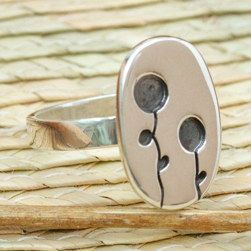 950 Silver Cocktail Ring with Abstract Flowers from Taxco, "Lollipop Flowers"