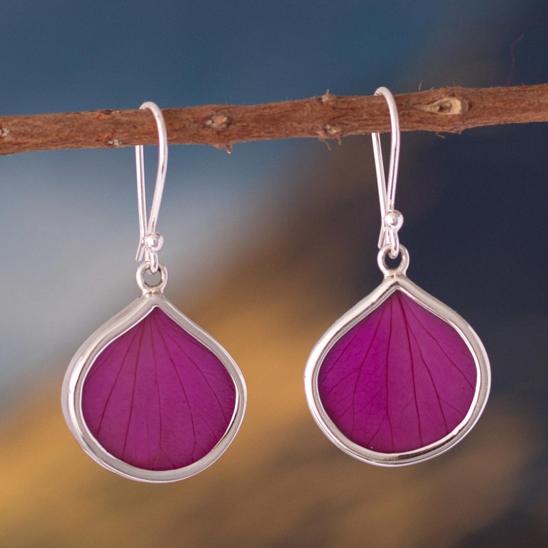 Sterling Silver and Fuchsia Leaf Dangle Earrings from Peru, "Fuchsia Hydrangea"