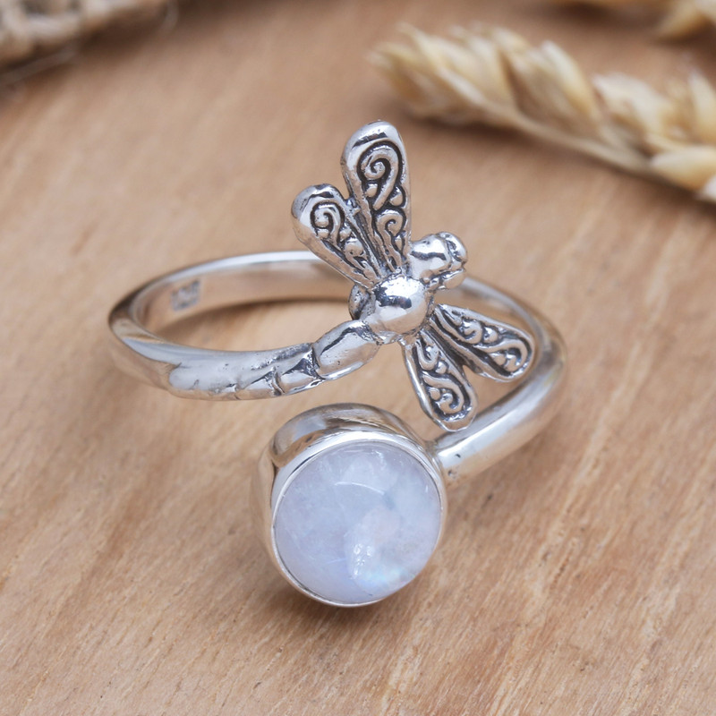 Wrap Ring with Rainbow Moonstone, "Dragonfly Path"