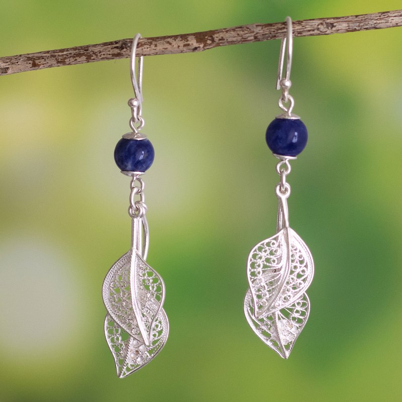 Leaf Motif Sodalite Dangle Earrings, "Tropical Cascade"