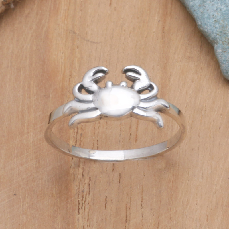 Sterling Silver Band Ring with Crab Motif, "Crabby Creature"