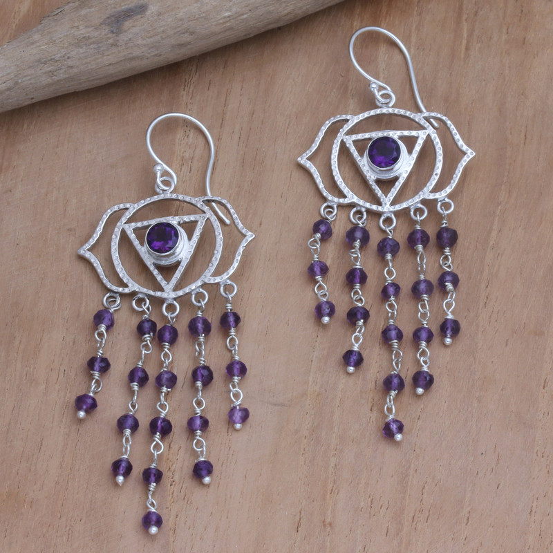 Sterling Silver and Amethyst Dangle Earrings from Bali, "Open Your Eye"