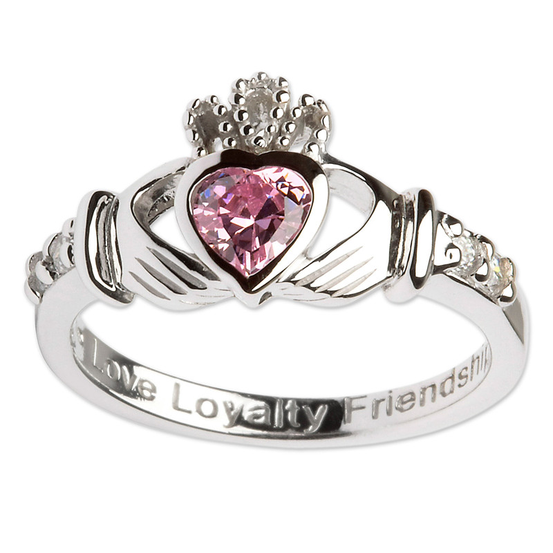Pink CZ Birthstone Claddagh Ring, "July"