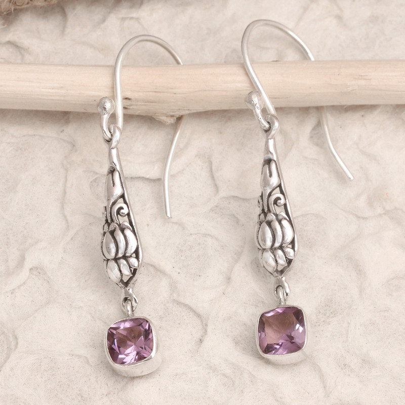 Sterling Silver and Amethyst Dangle Earrings from Bali, "Purple Burgeon Lotus"