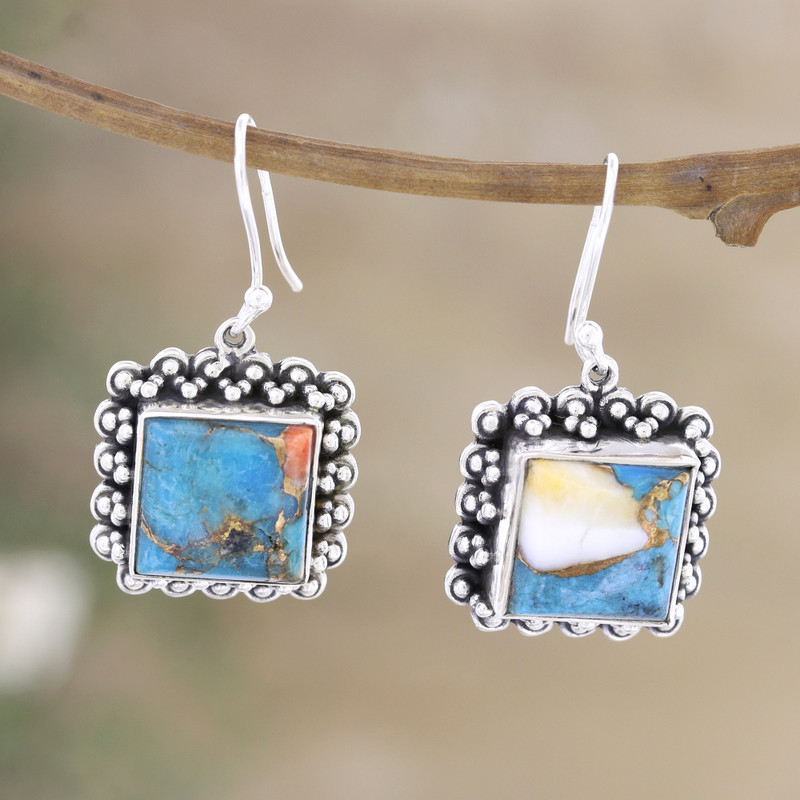 Sterling Silver and Composite Turquoise Dangle Earrings, "Blue Memory"