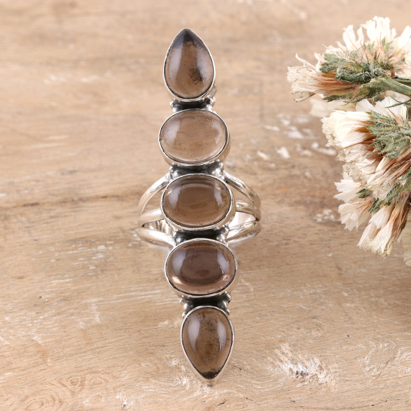 Smoky Quartz and Sterling Silver Cocktail Ring from India, "Hazy Glam"