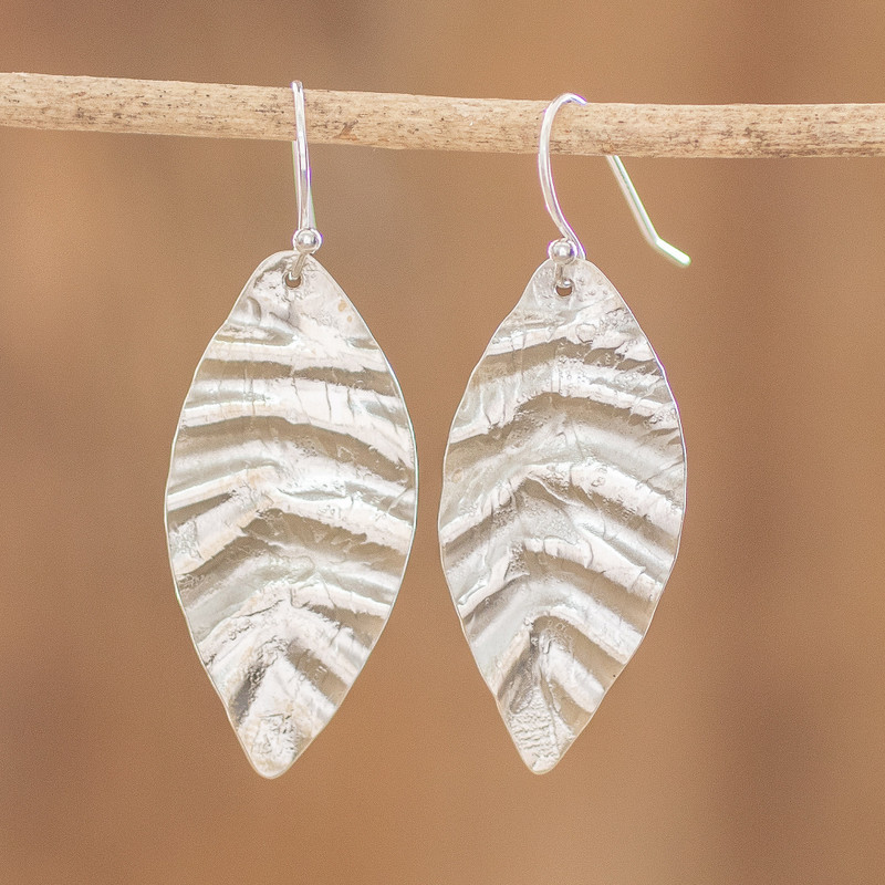 Leaf-shaped Sterling Silver Dangle Earrings from Costa Rica, "Textured Leaf"