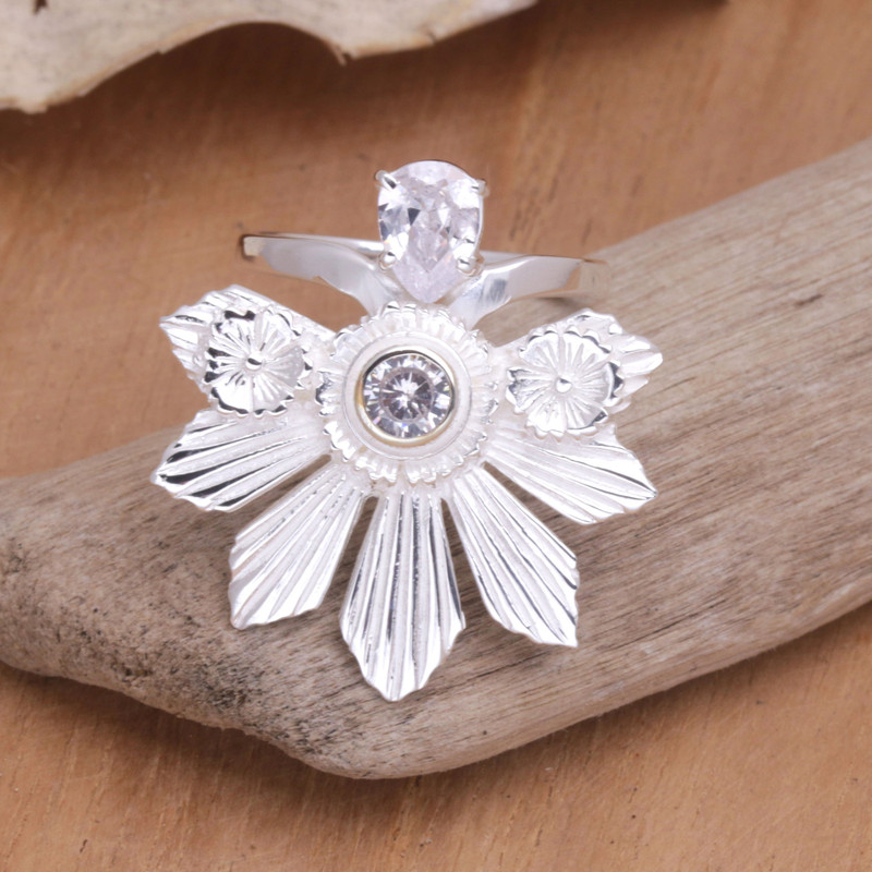 Sterling Silver and Cubic Zirconia Balinese Cocktail Ring, "Balinese Kepetan"