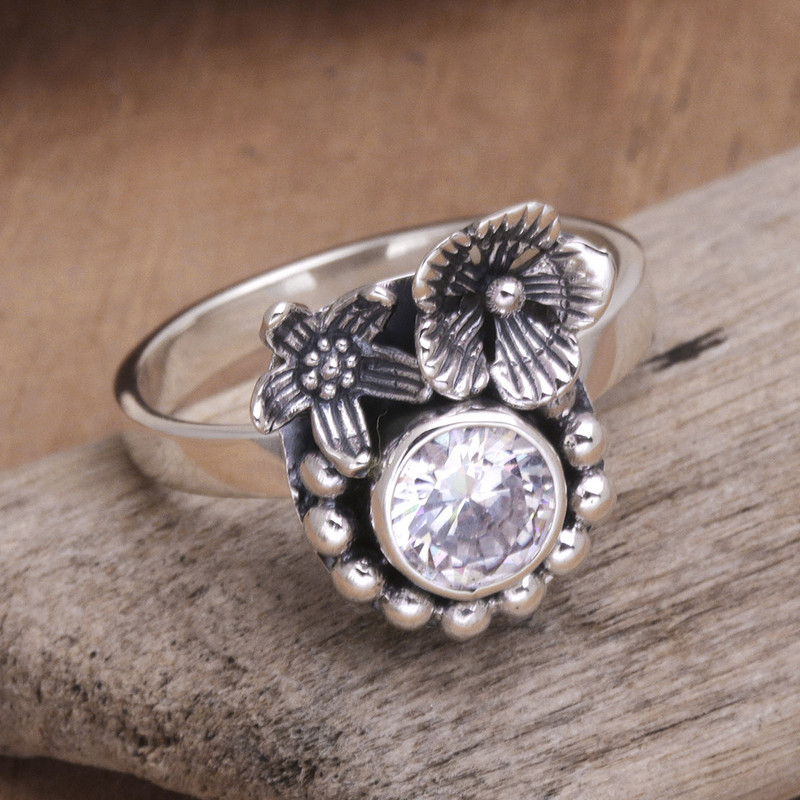 Sterling Silver and Cubic Zirconia Floral Cocktail Ring, "Godly Flower"