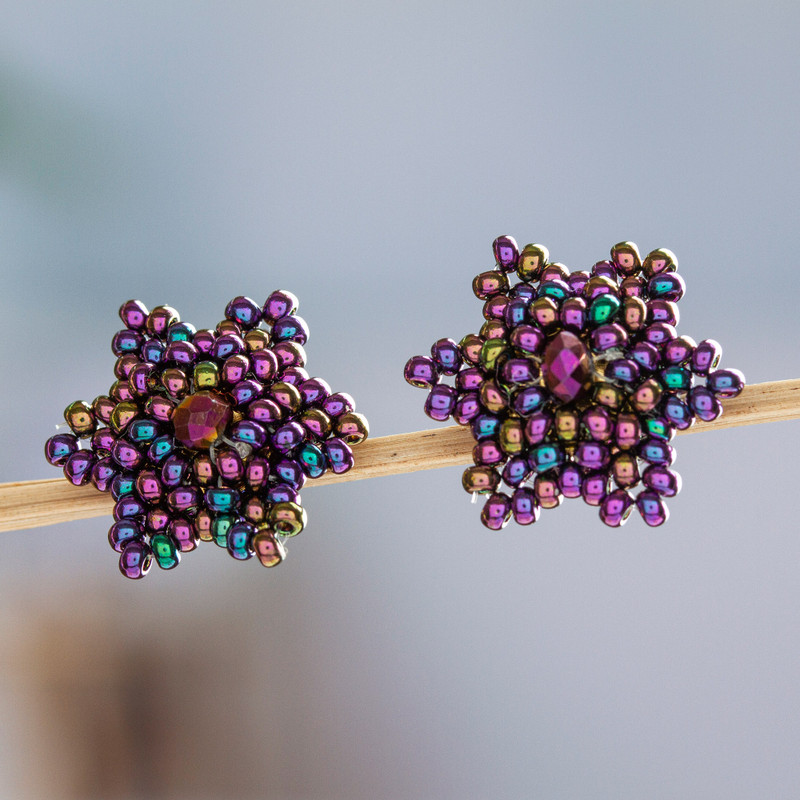 Star-shaped Beaded Button Earrings Handcrafted in Mexico, "Litmus Star"