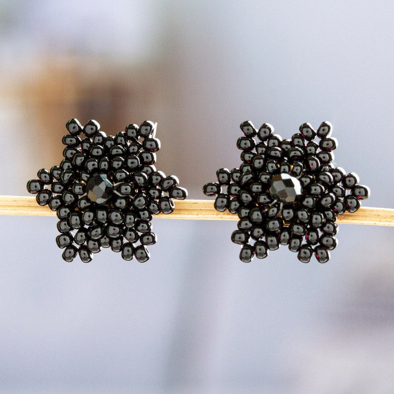 Star-shaped Beaded Button Earrings Handcrafted in Mexico, "Black Star"