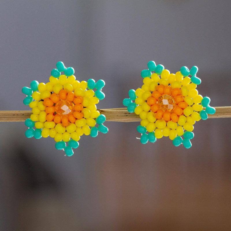Mexican Handcrafted Star-shaped Beaded Button Earrings, "Aqua Yellow Star"