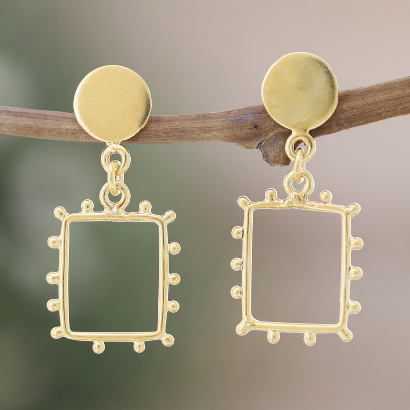 14k Gold-Plated Dangle Earrings with Geometric Design, "Glorious Square"