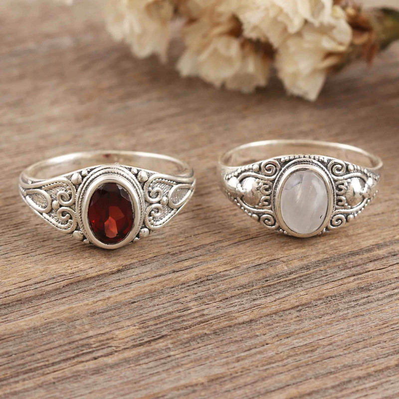 Pair of Sterling Silver Gemstone Cocktail Rings from India, "Second Time's the Charm"