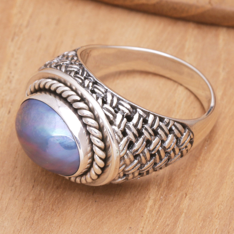 Sterling Silver Cocktail Ring with Blue Cultured Pearl, "Blue Wave"