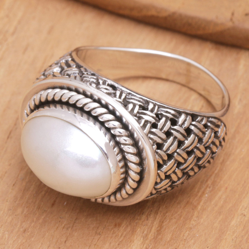 Sterling Silver Cocktail Ring with Cream Cultured Pearl, "White Wave"