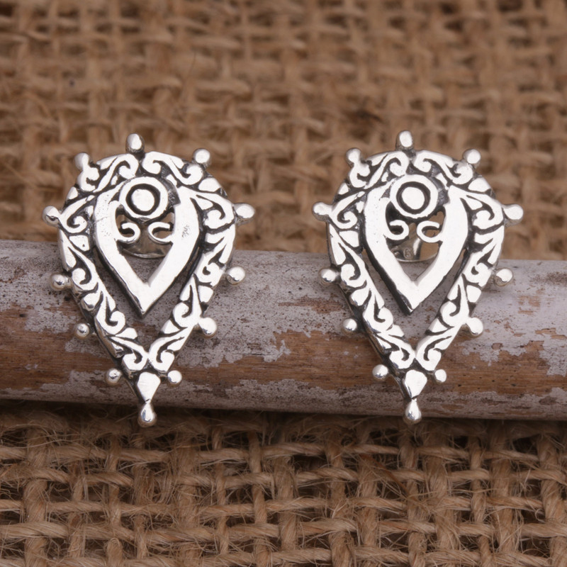Sterling Silver Drop Earrings with Traditional Bali Motifs, "Bali Drops"