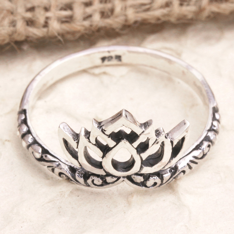 Sterling Silver Band Ring with Lotus Flower Motif, "Floral Rebirth"