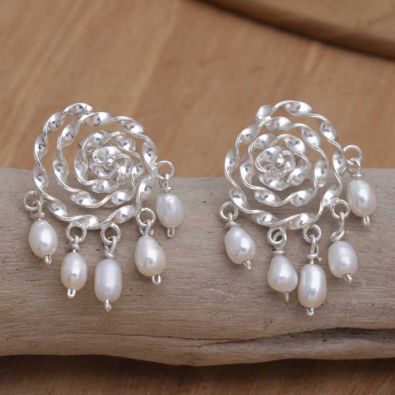 Sterling Silver Chandelier Earrings with Cultured Pearls, "Ocean Twinkle"