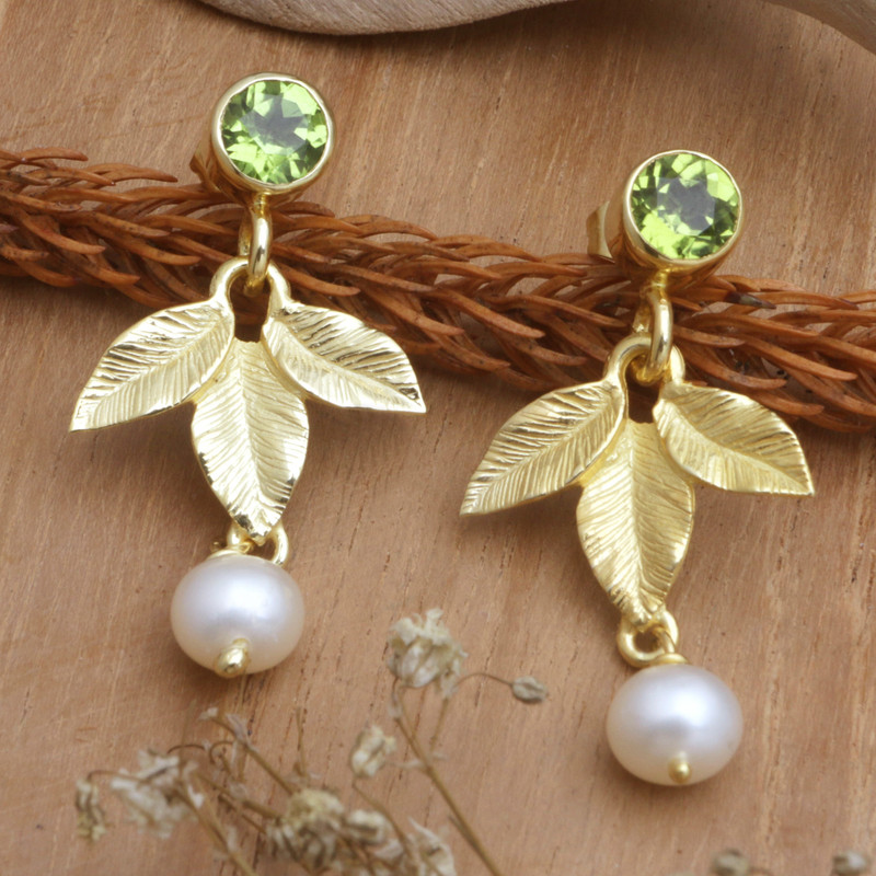 18k Gold-Plated Dangle Earrings with Pearls and Peridot Gems, "Forest Illumination"