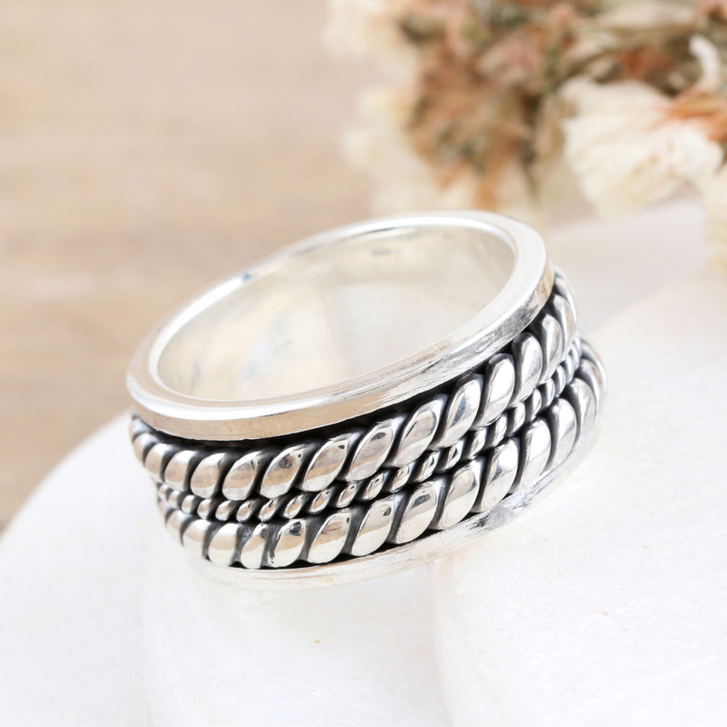 Sterling Silver Band Ring with Polished Braided Design, "Braided Fate"