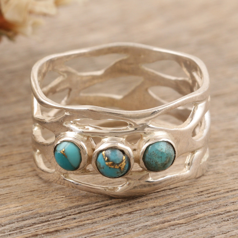 Sterling Silver Band Ring with Three Recon Turquoise Stones, "Glory of the Lake"