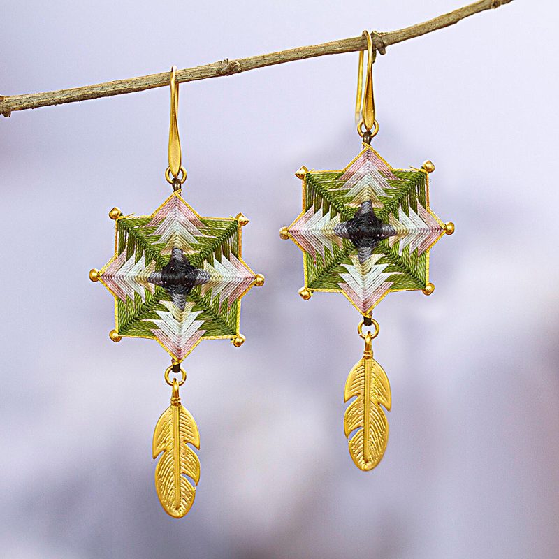 18k Gold-Plated Dangle Earrings with Olive Geometric Design, "Olive Feather"