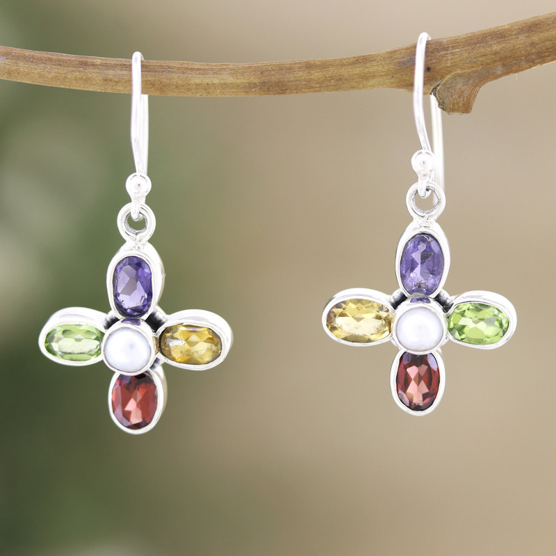 Sterling Silver Floral Dangle Earrings with Multiple Gems, "Colorful Floral Dream"