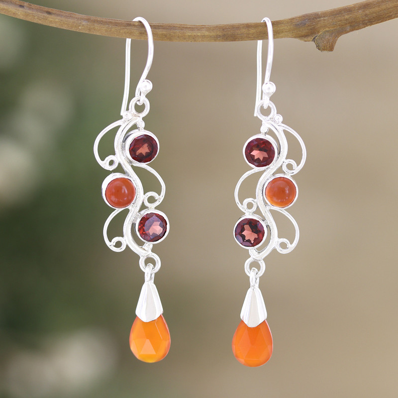 Polished Dangle Earrings with Carnelian and Garnet Stones, "Enchanted Jewels"