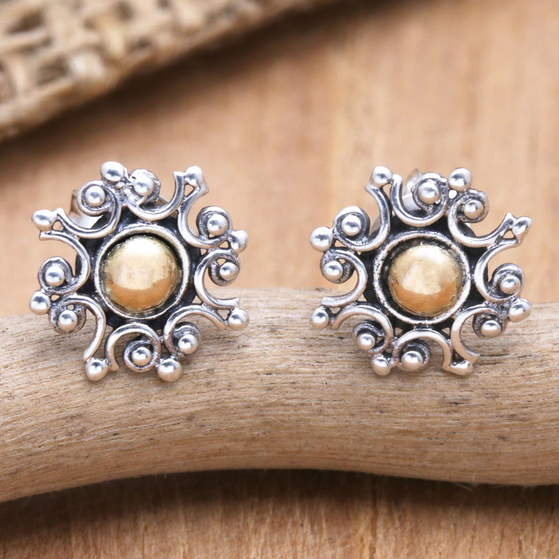 18k Gold-Accented Sterling Silver Sun Stud Earrings, "Solar Magic"