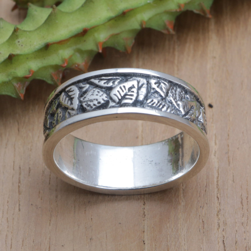 Sterling Silver Autumn Leaf Band Ring from Bali, "Autumn Caresses"