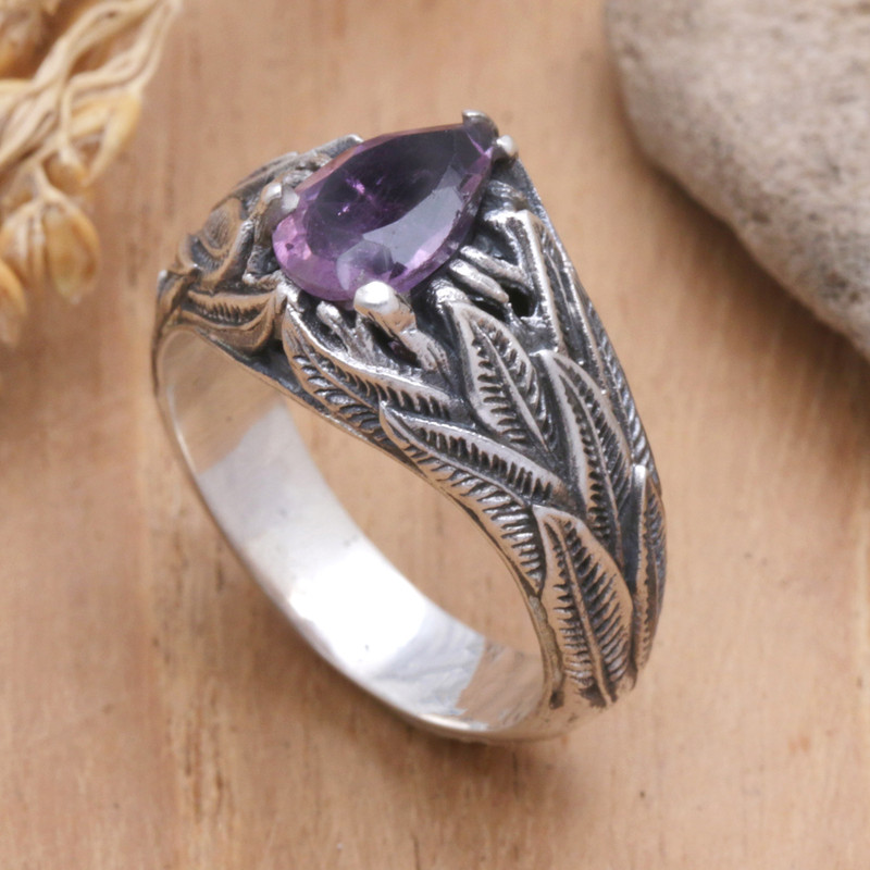 Leafy Cocktail Ring with One-Carat Amethyst Gemstone, "Leafy Wisdom"