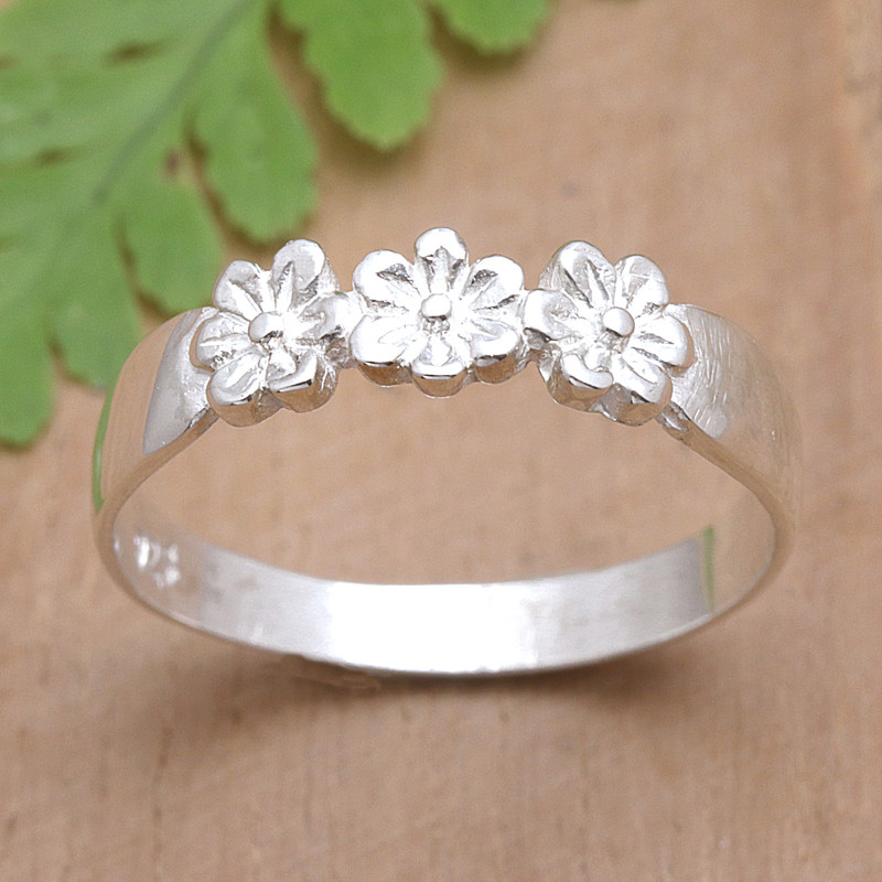 Sterling Silver Band Ring with Floral Motifs from Bali, "Floral Trio"