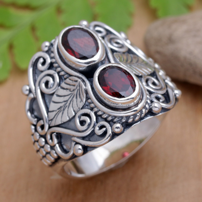 Leafy Sterling Silver Cocktail Ring with Faceted Garnet Gems, "Leafy Passion"