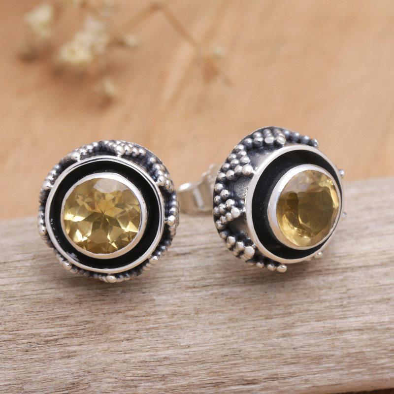 Sterling Silver Button Earrings with Two-Carat Citrine Gems, "Echoes of Success"