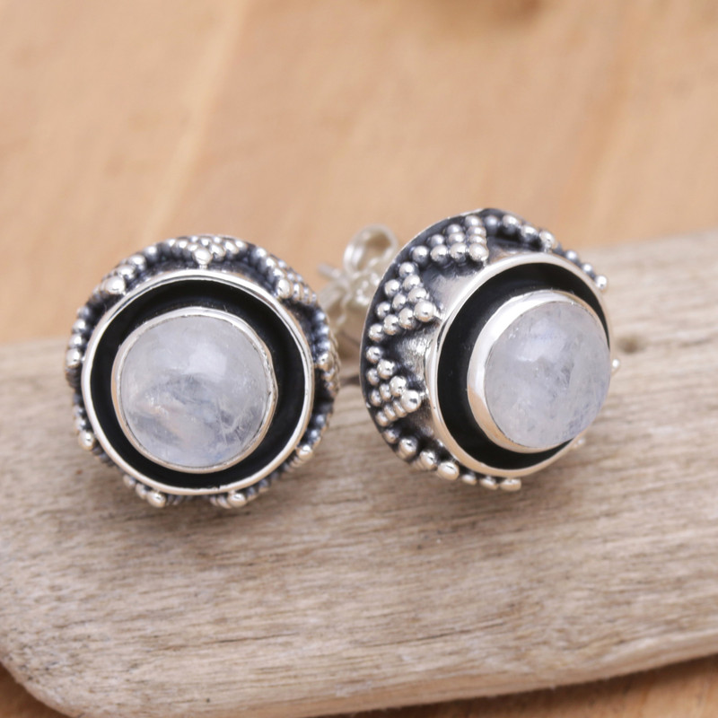 Sterling Silver Button Earrings with Rainbow Moonstones, "Echoes of Harmony"