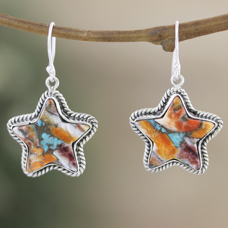 Star-Themed Dangle Earrings with Composite Turquoise, "Starry Festival"