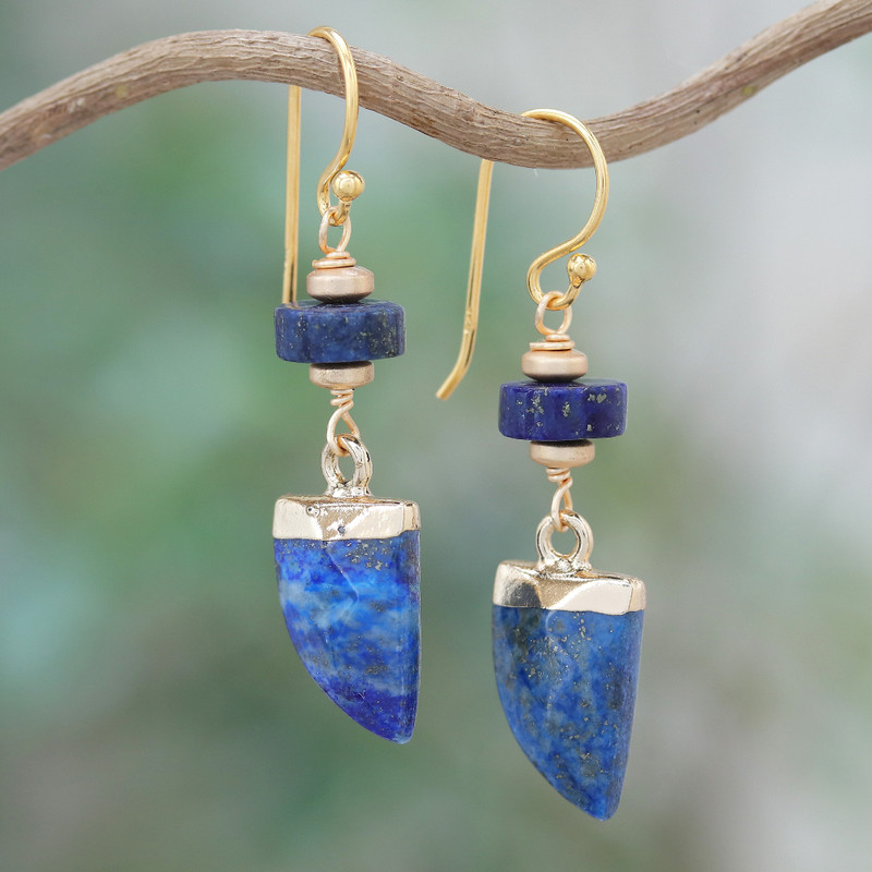 Lapis Lazuli and Hematite Dangle Earrings Made in Thailand, "Palace Blue"