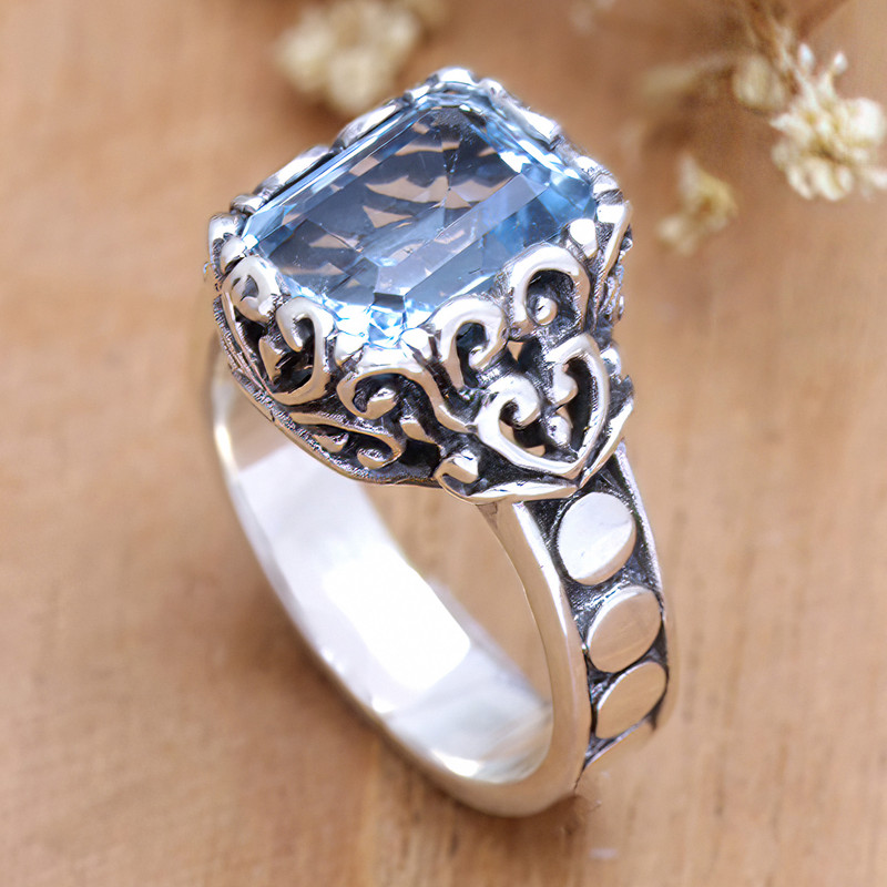 Sterling Silver Cocktail Ring with Faceted Blue Topaz Stone, "Shimmering Fantasy"